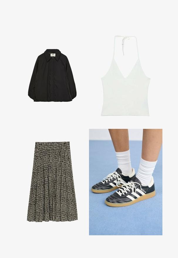 Giacca nera imbottita con colletto a punta e zip completa, caratterizzata da una vestibilità leggermente oversize e una texture di tessuto liscia e lucida.; Top bianco con scollatura a V profonda e spalline a halter. Realizzato in un tessuto leggero e morbido. Presenta una chiusura regolabile con lacci sul retro.; TOM TAILOR Gonna lunga - abstract black grid design; Sneaker in pelle nera con strisce bianche, punta rotonda, lacci bianchi e suola in gomma. Menzionate del collare imbottito e dettagli del marchio.