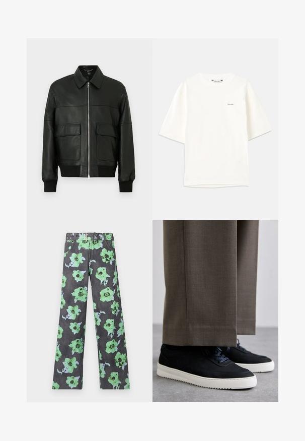 Black leather bomber jacket with a folded collar, front zip closure, two large patch pockets, and ribbed cuffs and hem. Smooth texture.; White short-sleeve t-shirt made of cotton. Features a crew neck and a small black "Holzweiler" logo on the left side.; Floral-printed pants in dark gray featuring large green and blue flowers. Includes a matching belt with multiple studs and eyelets.; Black suede sneakers with white rubber soles, featuring a rounded toe and laces, worn with gray tailored pants.