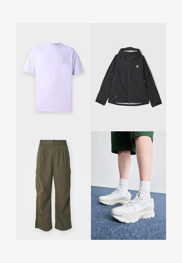 Juodas vandeniui atsparus džemperis su kapišonu, su kampiniu logotipu, su užtrauktuku priekyje, reguliuojamais rankogaliais ir atspindinčia akcentu ant apačios.; Šviesiai violetinė medvilninė marškinė su trumpomis rankovėmis ir apvaliu kaklu. Ant kairiojo krūtinės kampo yra mažas išsiuvinėtas trikampio raštas.; Olive žalių spalvos krovinių kelnės, pagamintos iš medvilnės, su plačiomis kojomis, raukšlėmis ir šoninėmis kišenėmis praktiškumui.; Baltos sportinės bateliai su tekstūruotais uždengimais, masyviu padu ir pilkais akcentais. Dėvimi su baltais trumpais kojiniais ir žaliais šortais mėlyname paviršiuje.