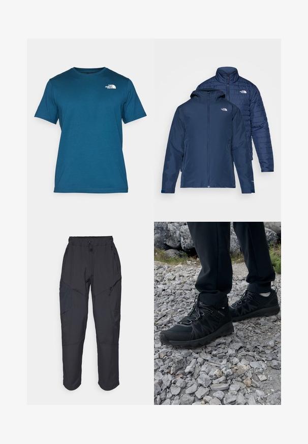 Mornarsko modra jakna, obojestranska, z vodoodporno zunanjostjo in toplotno izoliranimi vložki. Ima zadrge in dvojne stranske žepe.; The North Face M SS BOX NSE TEE - Potiskana majica - midnight petrol/red; Črne cargo hlače iz lahkega, vodoodpornega materiala; imajo elastični pas, več žepov z zadrgo in ožja hlačnica.; Črne zunanje čevlje iz mrežastega in sintetičnega materiala, s teksturiranim zgornjim delom, zavarovanim sistemom vezalk in trdim podplatom, na skalnatem terenu.