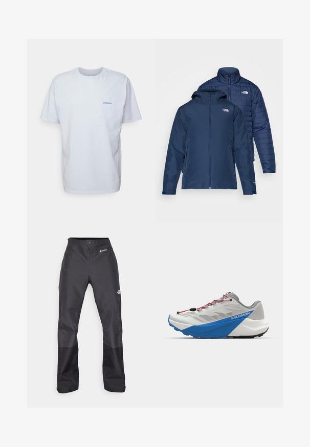 Mörkblå vändbar jacka med vattentät utsida och isolerad puffer-inredning. Har dragkedjor och två sidofickor.; Vit bomulls t-shirt med korta ärmar, rund hals och ett vänster bröstficka med en blå "Patagonia"-logotyp. Klassisk passform med en slät textur.; Svarta vattentäta byxor med en slät yta, med en GORE-TEX-logotyp på framsidan och förstärkta nedre ben för ökad hållbarhet.; Lättvikts löparsko i grått med en blå mellansula och röda snören. Har en ventilerande meshöverkonstruktion och ett djupt greppande yttersula.