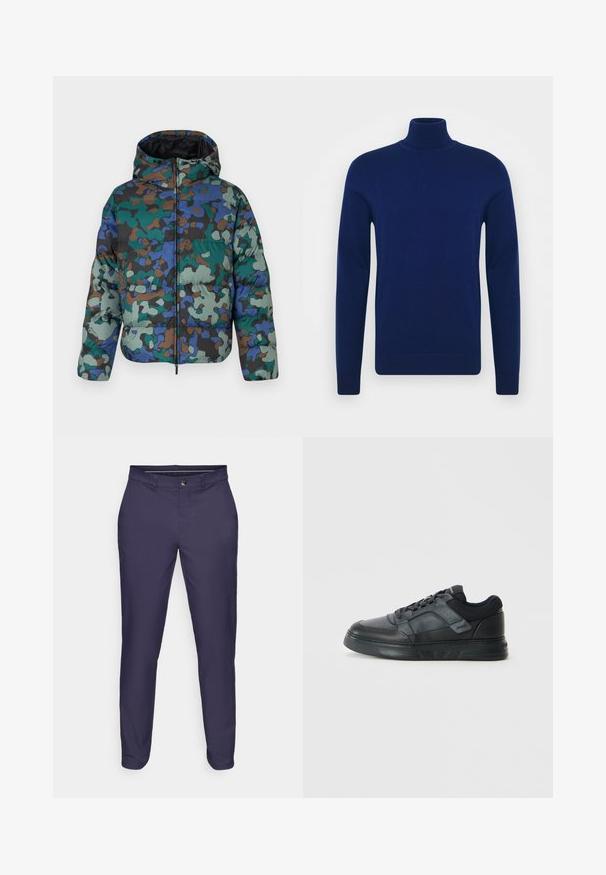 Pufová bunda s maskáčovým vzorom v zelenej, modrej a hnedej farbe. Má zips vpredu, kapucňu a prešitú textúru pre izoláciu.; Námořnická modrá roláková svetr vyrobený z hladké pleteniny. Dlouhé rukávy a přiléhavý design s žebrovanými akcenty na límci a lemu.; Námornícke modré slim-fit nohavice s gombíkom a zipsom, pútka na opasok a zoštíhlené nohavice na bielom pozadí.; Čierne tenisky s hladkým koženým zvrškom, sieťovinovými akcentmi, perforovanými detailmi a textúrovanou gumovou podrážkou s nízkym profilom.
