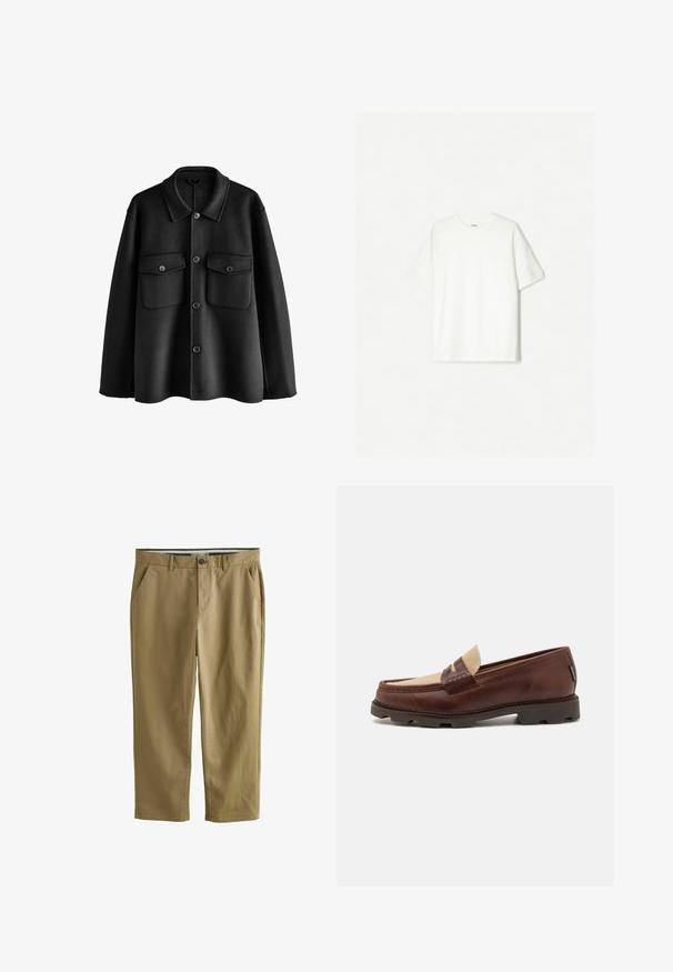 Giacca nera in lana con colletto, chiusura frontale con bottoni, due tasche sul petto e vestibilità rilassata. Tessuto morbido e linee pulite.; T-shirt bianco a maniche corte, realizzato in cotone morbido. Design a girocollo con una vestibilità comoda e senza loghi o motivi visibili.; Chino color khaki realizzati in cotone misto, dotati di due tasche laterali, chiusura con bottone, gambe dritte e una texture liscia.; Mocassini in pelle marrone con accentuazione in tela taupe, dettaglio cucito e suola in gomma testurizzata progettata per comfort e durata.