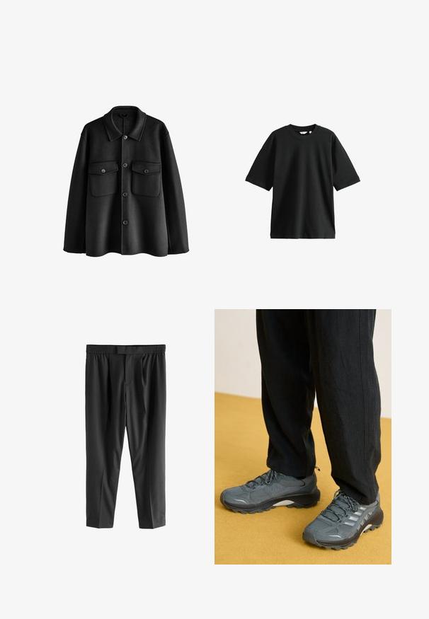 Crna vuna jakna s ovratnikom, prednjim zatvaranjem na gumbe, dva džepa na prsima i opuštenim krojem. Glatka tekstura i čiste linije.; Crna majica kratkih rukava od pamuka, s kružnim izrezom i širokim krojem, mekane teksture i minimalnim detaljima.; Next REGULAR FIT -CHECK SMART - Chino hlače - black; Sive mrežaste i sintetičke atletske cipele s izraženim potplatima, reflektirajućim detaljima i vezicama, u kombinaciji s širokim crnim hlačama.