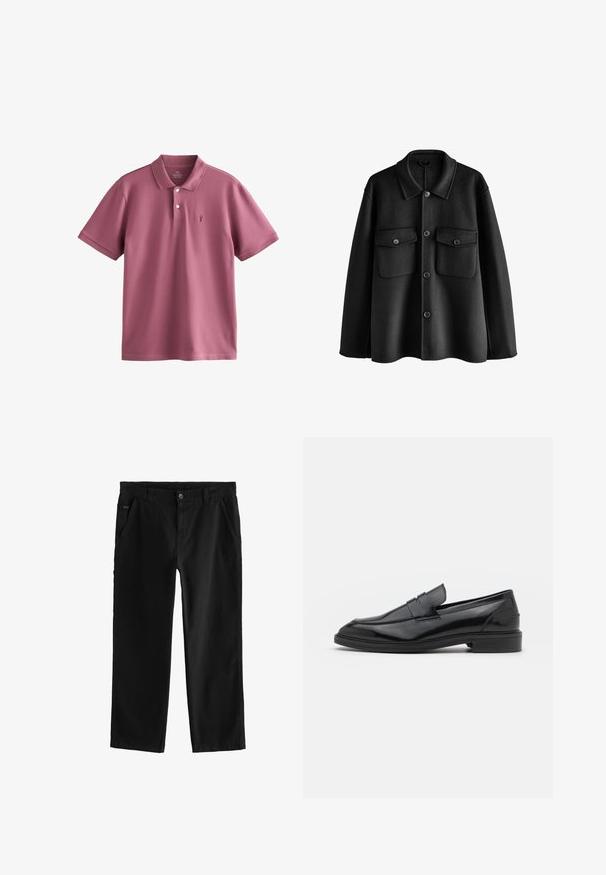 Čierny vlnený sak s golierovým výstrihom, predným zapínaním na gombíky, dvoma hrudnými vreckami a voľným strihom. Hladká textúra a čisté línie.; Polo tričko v tlmenom mauve, vyrobené z ľahkej bavlny. Má klasický golier, tri gombíky, krátke rukávy a malú vyšívanú logo.; Čierne bavlnené nohavice so striha priamych nohavíc, s predným zapínaním na gombík, šikmými bočnými vreckami a jemnými detailmi šitia.; Čierne kožené loaferky s hladkým povrchom, s okrúhlou špičkou a úzkym pásom cez vrch. Nízky vrstvený podpätok.