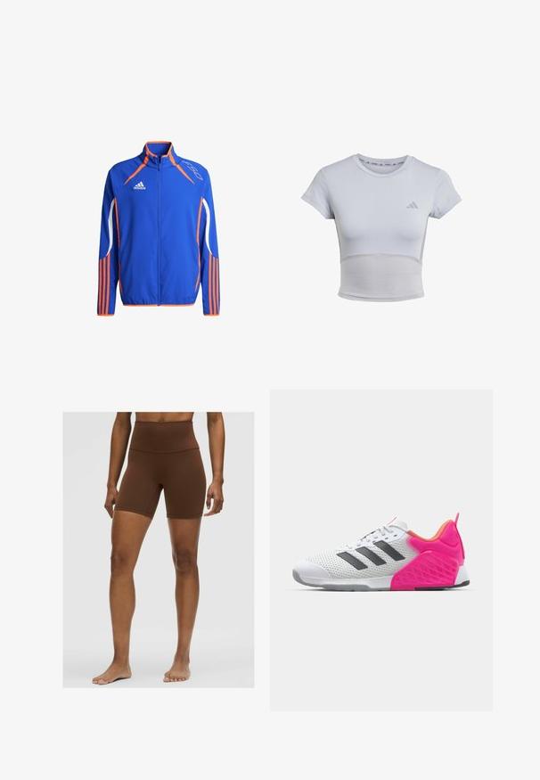 Sininen urheilu takki oransseilla yksityiskohdilla. Sisältää korkean kauluksen, täyden vetoketjun ja valkoiset raidat hihoissa. Kevyt kangas.; adidas Performance Tekninen t-paita - halo silver grey; Ruskeat korkeavyötäröiset shortsit, jotka on valmistettu sileästä, joustavasta materiaalista. Niissä on tyylikäs muotoilu ja tiukka leikkaus, joka ulottuu reiden puoleen väliin.; Valkoinen urheilukenkä, jossa on harmaat raidat, verkkomateriaali päälliosassa ja vaaleanpunaiset kantapää ja yksityiskohdat. Varustettu teksturoidulla kantapäällä ja kumipohjalla. Nyörit ja pehmustettu kaulus.
