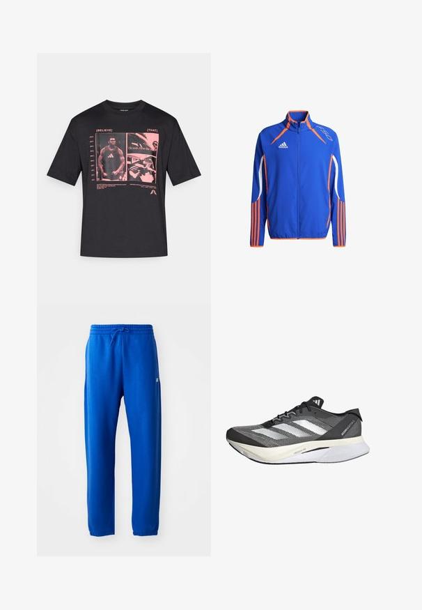 Blue athletic jacket with orange accents. Features a high collar, full zip, and white stripes on the sleeves. Lightweight fabric.; Black cotton t-shirt featuring a graphic print in pink with text boxes and images related to basketball. Short sleeves, crew neck design.; Blue sweatpants made of soft fabric, featuring an elastic waistband with drawstring, tapered legs, and a small logo detail on the side.; Black and white athletic shoe with a mesh upper, features three white stripes, a prominent sole labeled "LIGHTSTRIKE PRO," and a streamlined design.