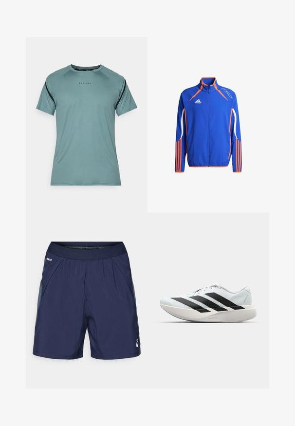 Blue athletic jacket with orange accents. Features a high collar, full zip, and white stripes on the sleeves. Lightweight fabric.; Endless APHEX - Sports T-shirt - cypress; Navy blue athletic shorts with elastic waistband, side pockets, and light gray accents. Made of lightweight, smooth fabric for comfort.; Lightweight running shoes in pale blue with black stripes. Features a smooth upper, round toe, and thick white midsole labeled "LIGHTSTRIKE PRO."