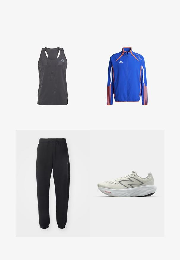 Blue athletic jacket with orange accents. Features a high collar, full zip, and white stripes on the sleeves. Lightweight fabric.; adidas Performance ADIZERO TANK - Top - black; Black sweatpants made of soft material with an elastic waistband, drawstring, and tapered cuffs, featuring a subtle logo on the side.; Running shoe in white with gray accents. Mesh upper, textured sole, and prominent "N" logo. Features a padded collar and "Fresh Foam" label.