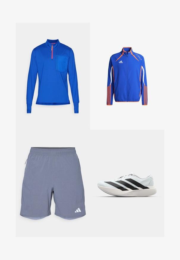 Blauwe sportjack met oranje accenten. Voorzien van een hoge kraag, volledige rits en witte strepen op de mouwen. Lichtgewicht stof.; Langarm, half-zip top in heldere blauwe stof. Heeft een borstzak en een contrasterende rode rits. Gladde textuur, atletische pasvorm.; adidas Performance Korte broeken - onix; Lichte hardloopschoenen in lichtblauw met zwarte strepen. Beschikt over een soepele bovenkant, ronde neusstuk en dikke witte tussenzool met het label "LIGHTSTRIKE PRO."