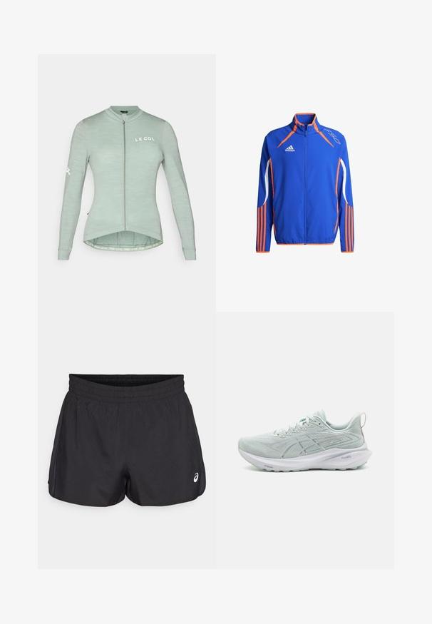 Modrá sportovní bunda s oranžovými detaily. Má vysoký límec, plný zip a bílé pruhy na rukávech. Lehká tkanina.; Světle zelený cyklistický dres s dlouhými rukávy, plným zipem a zakřiveným spodním lemem. Obsahuje logo "LE COL" na přední a zadní straně.; Černé sportovní šortky s elastickým pasem, hladkým povrchem, zakřiveným lemem a bočními mesh akcenty. Na přední straně je malá nášivka s logem.; Světle modrá běžecká bota s prodyšným síťovaným svrškem, jemnými vzory, bílou mezipodešví a texturovanou gumovou podrážkou. Obsahuje šněrovací design.