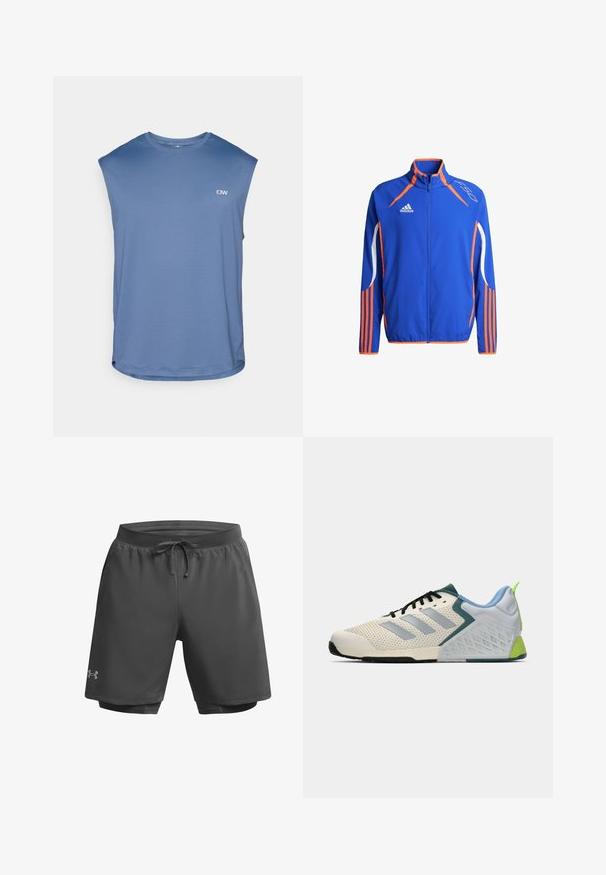 Chaqueta deportiva azul con acentos naranjas. Presenta un cuello alto, cierre completo y franjas blancas en las mangas. Tejido ligero.; ICANIWILL STRIDE SLEEVELESS - Camiseta básica - dusty twilight blue; Pantalones cortos deportivos de color gris oscuro con cinturilla elástica, cordón ajustable y forro interno de malla; presentan un sutil logotipo en la pierna izquierda.; Zapatillas deportivas ligeras con parte superior de malla color crema, franjas grises, un acento verde y un contador de talón texturizado en azul. Cordones negros.