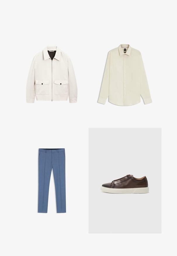 Light beige zip-up jacket with a collar, two front pockets, and black button accents. Made of a smooth fabric with a relaxed fit.; BOSS JOE KENT - Formal shirt - open white eleven; BOSS H-GENIUS-B1 - Trousers - light blue three; Brown leather sneaker with a rounded toe, contrasting white rubber sole, stitched accents, and no visible laces. Smooth texture overall.