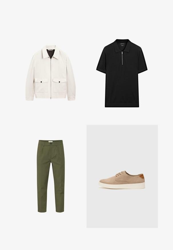 Light beige zip-up jacket with a collar, two front pockets, and black button accents. Made of a smooth fabric with a relaxed fit.; Black short-sleeve polo shirt with a stand collar and a front zipper. Made of a smooth fabric with a clean, minimalist design.; Olive green trousers made of smooth fabric, featuring a button closure, pleated front, and tapered legs. No visible pockets.; Beige suede sneakers with a rounded toe, lace-up front, and a textured back accent. White rubber sole provides contrast. Simple and modern design.