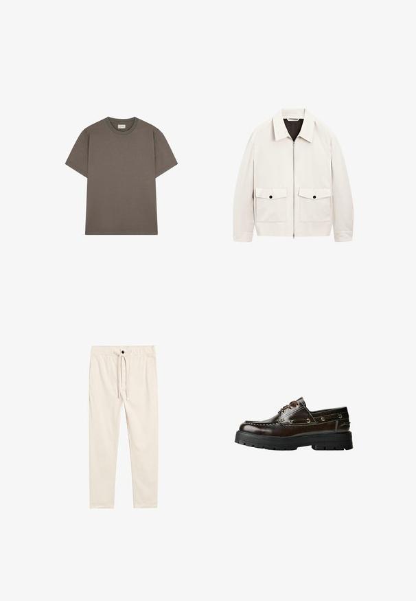 Lysbeige zip-up jakke med krave, to forlommer og sorte knapdetaljer. Lavet af et glat stof med en løs pasform.; Scalpers SOLID - T-shirts basic - brown; Beige, lette bomuldsbukser med elastisk talje, forlommer og knaplukning, med en glat overflade.; Brune lædersko til båd med gummisål, der har stikninger, metaløjer og snørebåndsdesign. Kraftig, let konstruktion.