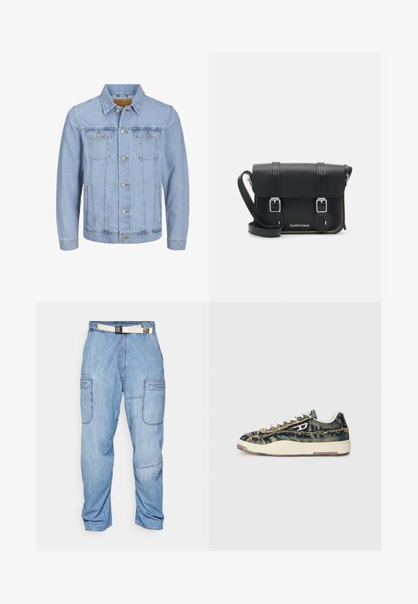 Gai zilo džinsu jaka ar apkakli, pogu aizdari, diviem krūšu kabatām, sānu kabatām un izšūtiem detaļām gar šuvēm.; Tumši pelēks kokvilnas T-krekls ar krūšu kabatu, kurai ir sudraba pogca un gluda tekstūra. Redzami šuves ap kabatu.; Gaiši zili džinsu bikses ar brīvu piegriezumu, kas aprīkotas ar vairākiem kabatām un kontrastējošu baltu jostu. Gluda tekstūra ar redzamām šuvēm.; Denima kedas ar saplēstu tekstūru, bēšu akcentiem, baltām auklām un zemu profilu. Ievērojamas gumijas zoles un izteikta logo.; Melna ādas crossbody soma ar vāciņu, divām sudraba sprādzēm, dzeltena diega šuvēm un regulējamu siksnu. Iespējas ar gludu faktūru un kompakto dizainu.