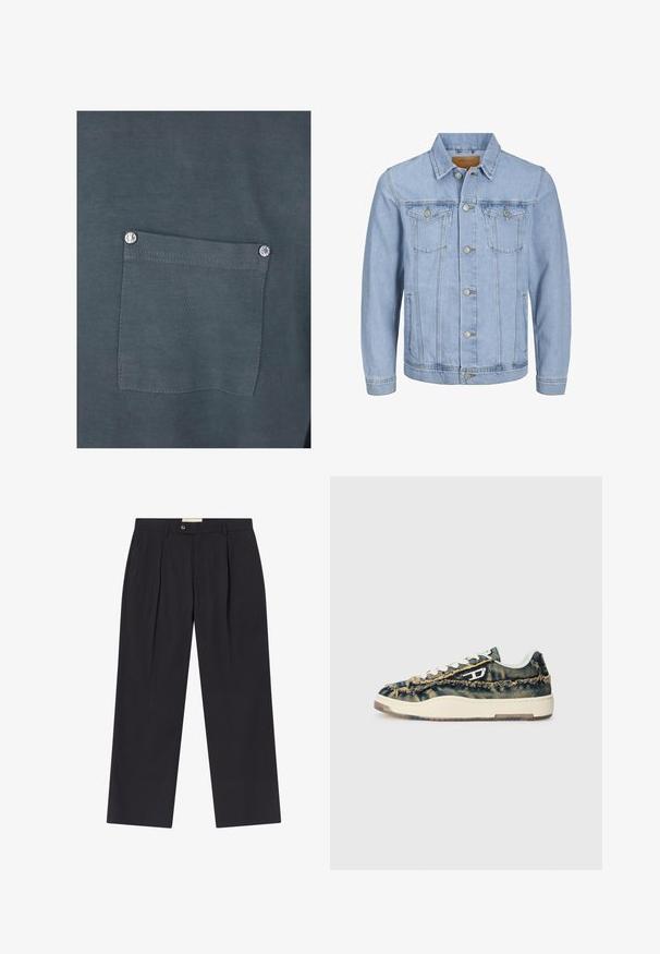 Light blue denim jacket with a collar, button closure, two chest pockets, side pockets, and stitched details along the seams.; Dark gray cotton t-shirt featuring a chest pocket with a silver snap button and a smooth texture. Seam details are visible around the pocket.; Tailored dark navy trousers with a high waist, two front pleats, button closure, and straight legs in smooth fabric.; Denim sneakers with a frayed texture, beige accents, white laces, and a low-profile design. Features a rubber sole and distinctive logo.