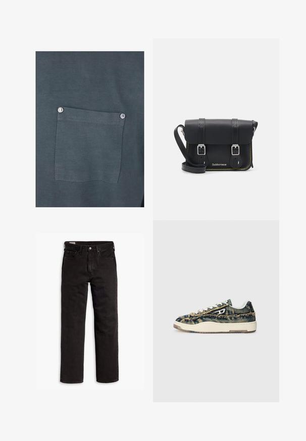 Jachetă din denim de culoare albastru deschis, cu guler, închidere cu nasturi, două buzunare la piept, buzunare laterale și detalii cusute de-a lungul cusăturilor.; Tricou din bumbac gri închis, cu un buzunar pe piept dotat cu un buton cu clichet argintiu și o textură netedă. Detalii de cusătură sunt vizibile în jurul buzunarului.; Jeans din denim negri cu picior drept, cu cinci buzunare, închidere cu nasture și bucle pentru curea, așezați plat pe un fundal alb.; Adidași din denim cu textură destrămată, accente bej, șireturi albe și un design cu profil scăzut. Caracteristici include o talpă din cauciuc și un logo distinctiv.; Posetă din piele neagră, cu design crossbody, prevăzută cu un capac, două catarame argintii, cusături galbene și o curea ajustabilă. Prezintă o textură netedă și un design compact.