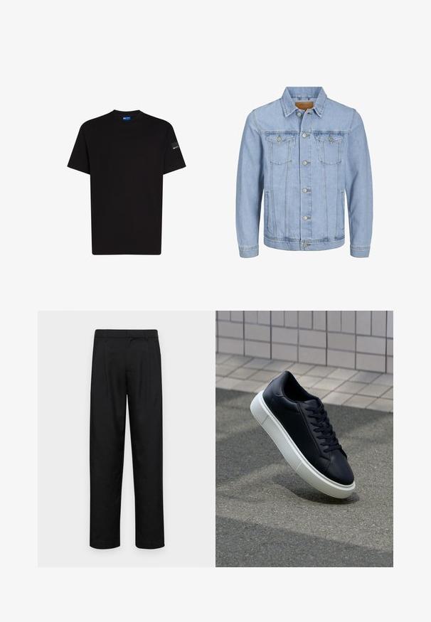 Világoskék farmerdzseki gallérral, gombos záródással, két mellzsebbel, oldalsó zsebekkel és varrott részletekkel az varratokon.; Fekete pamut póló rövid ujjakkal, kerek nyakkivágással és egy kis címkével a bal ujján. Sima tapintású, standard fazon.; Fekete nadrág sima anyagból, egyenes szárú fazonnal, két elülső redővel és közönséges derékkal, övhurkokkal.; Fekete bőr sportcipő lekerekített orral és fehér gumitalppal. Lapos fűzőkkel és minimális varrásokkal rendelkezik a felsőrészén. Mintás talp a tapadásért.