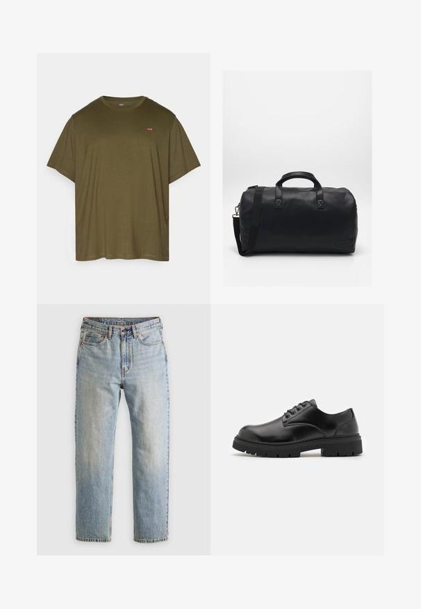 Casaco de ganga azul claro com gola, fecho de botão, dois bolsos no peito, bolsos laterais e detalhes cosidos ao longo das costuras.; Levi's® Plus BIG ORIGINAL TEE - T-shirt básica - olive night; Jeans de ganga azul claro com cintura alta, fecho frontal, zipper e design de cinco bolsos, dispostos de forma plana sobre um fundo neutro.; Sapatos de couro pretos com bico arredondado, design de atacador e sola de borracha espessa e texturizada. Apresenta costuras ao longo da borda e um acabamento liso.; Mala de duffel preta feita de material sintético texturizado. Apresenta duas alças e uma correia de ombro ajustável. Design simples sem padrões visíveis.