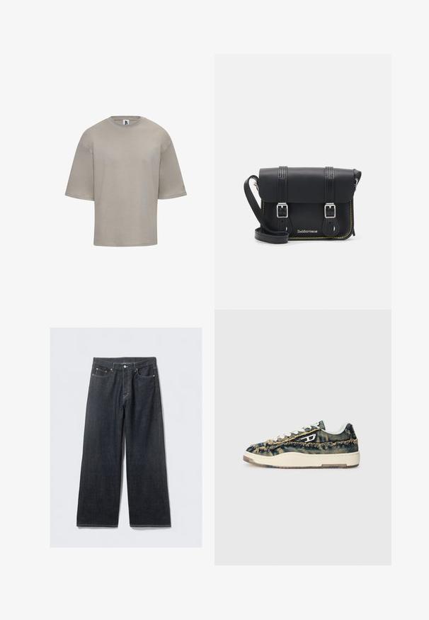 Vaaleansininen farkkutakki, jossa on kaulus, napitus, kaksi rintataskua, sivutaskut ja ommellut yksityiskohdat saumoissa.; Lyhythihainen, pyöreäkauluksinen t-paita vaaleassa beigeessä puuvillassa. Ominaisuuksiin kuuluu rento istuvuus, sileä tekstuuri ja hienovarainen brändäys hihassa.; Tummat farkut, joissa on leveät lahkeet ja korkeavyötärö, varustettu kuparinsävyisillä niiteillä ja kontrastivärisillä ompeleilla, sileä pintakuvio ja ilman näkyviä kuvioita.; Denimsneakers med fransiga texturer, beige detaljer, vita snören och en lågt profildesign. Har en gummisula och ett distinkt logo.; Musta nahkainen crossbody-laukku, jossa on kansi, kaksi hopeista solkea, keltaista ylösketjua ja säädettävä hihna. Tunnusmerkkeinä ovat sileä pinta ja kompakti muotoilu.