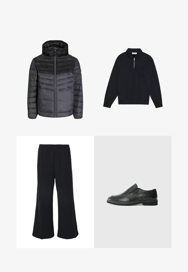 Jachetă din material impermeabil, de culoare neagră și gri închis, cu glugă, închidere cu fermoar și un design matlasat cu dungi orizontale pentru izolație.; Pier One Bluză de molton - black; Weekday GABRIEL LOOSE TROUSERS - Pantaloni - black; Pantof de piele neagră, tip slip-on, cu un superior neted, accente cusute, vârf rotunjit și un toc jos din cauciuc. Talpa are un profil minim de aderență.
