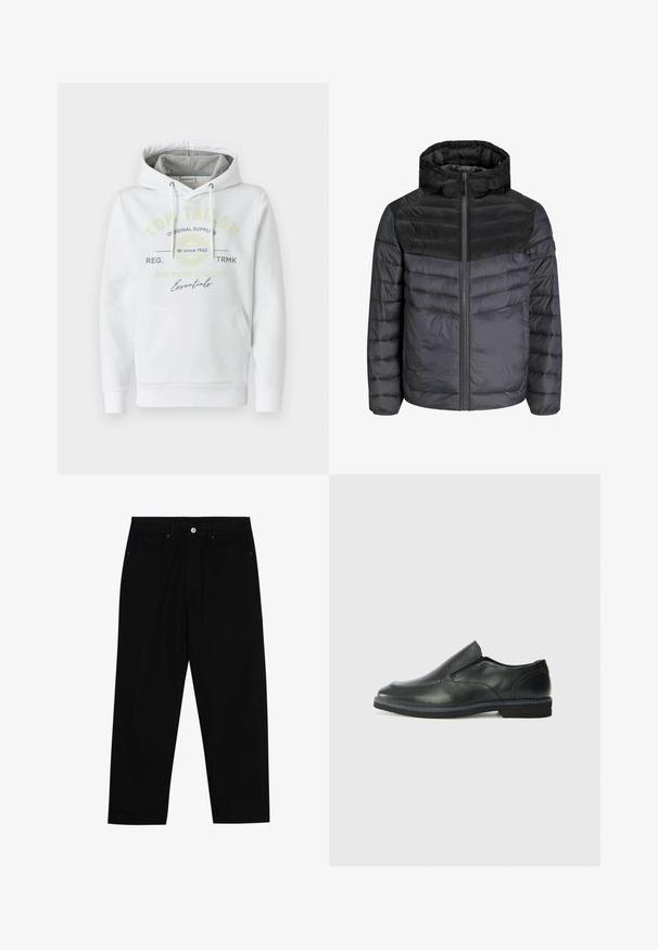 Nedestøv i sort og mørkegrå, med hætte, lynlås-lukning og quiltet design med vandrette striber til isolering.; Hvid hættetrøje lavet af blødt stof med en frontlomme, har en gråforet hætte og trykt mærkelogo i grøn og sort.; Sorte denimbukser med lige ben, fem lomme-design og knaplukning foran. Glat tekstur med minimale syninger.; Sorte læder slip-on sko med en glat overdel, syede detaljer, rund tå og en lav gummihæl. Sålen har minimal profil.