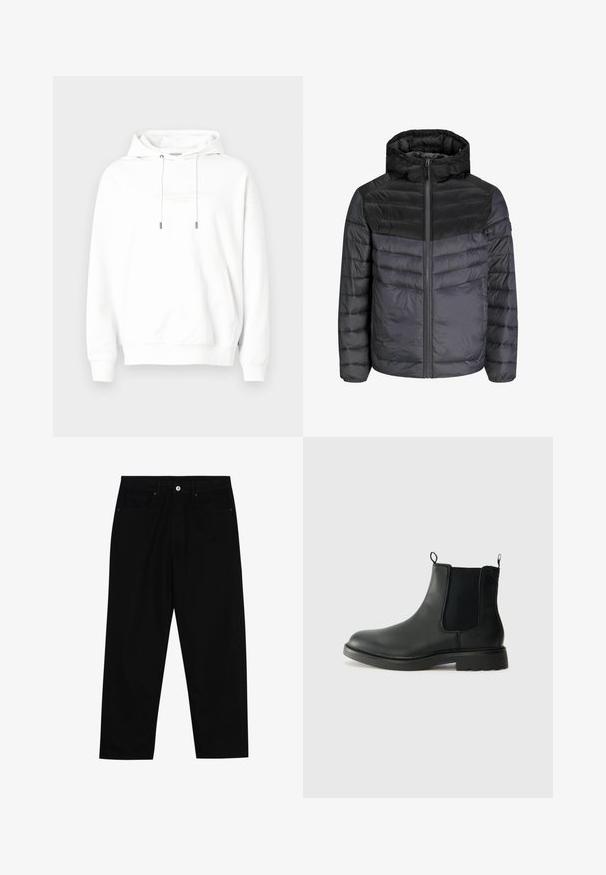 Čierna a tmavošedá zateplená bunda s kapucňou, zipsom a prešívaným dizajnom s horizontálnymi pruhmi pre izoláciu.; Biela mikina s kapucňou z mäkkej tkaniny, s predným klokanským vreckom, kapucňou so sťahovacou šnúrkou a vyrazeným logom na hrudi. Jednoduchý dizajn.; Čierne denimmové nohavice s rovný strihom, dizajnom s piatimi vreckami a upínaním na prednej strane. Hladká textúra s minimálnymi detailmi šitia.; Čierne kožené chelsea čižmy s elastickými bočnými panelmi, uškami na ťahanie, zaoblenou špičkou a textúrovanou gumovou podrážkou. Hladký povrch a pevná konštrukcia.