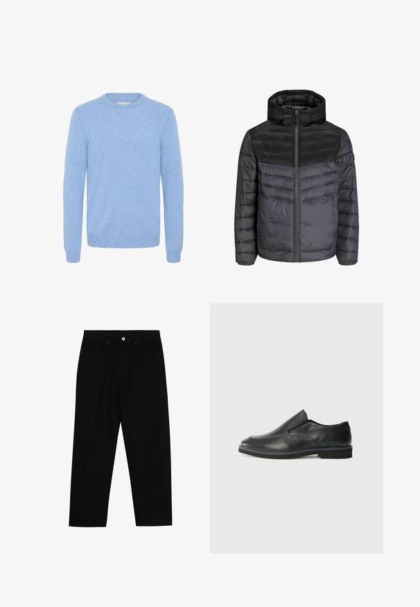Fekete és sötétszürke lezzsák, kapucnival, cipzáras záródással és vízszintes csíkos steppelt kialakítással a szigetelés érdekében.; Puha világoskék környakú pulóver hosszú ujjakkal, bordás mandzsettával és aljjal, finom kötött anyagból készült.; Fekete farmernadrág, egyenes szabással, öt zsebből álló dizájnnal és elülső gombos záródással. Simább felület minimális varrási részletekkel.; Fekete bőr, slip-on cipő sima felsőrésszel, varrott díszítéssel, lekerekített orral és alacsony gumitalppal. A talpa minimális bordázattal rendelkezik.