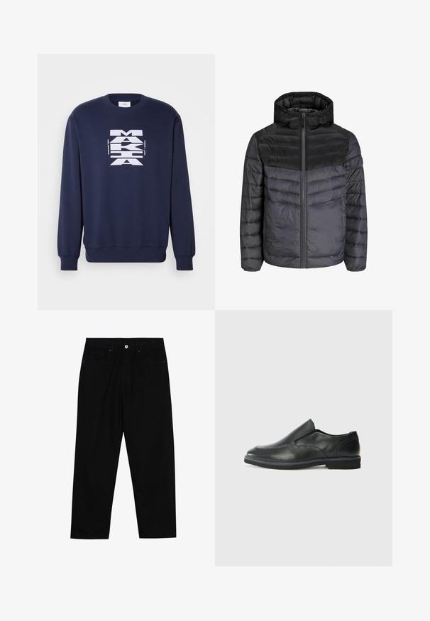 Donsjack in zwart en donkergrijs, met een capuchon, ritssluiting en een gequilt ontwerp met horizontale strepen voor isolatie.; Marineblauwe sweatshirt van katoen, met een grote witte grafische print op de voorkant. Lange mouwen met geribde boorden en onderrand.; Zwarte denim broek met een recht gesneden pasvorm, vijf gebruikersvriendelijke zakken en een sluiting met een knoop aan de voorkant. Soepele textuur met minimale stikdetails.; Zwarte leren instapper met een soepele bovenkant, gestikte accenten, ronde neus en een lage rubberen hak. De zool heeft minimale profiel.