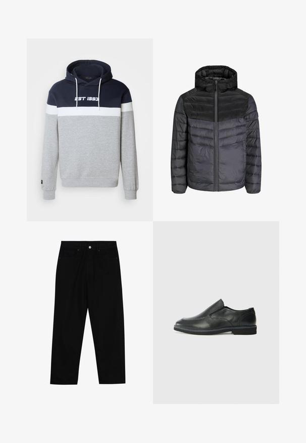 Jachetă din material impermeabil, de culoare neagră și gri închis, cu glugă, închidere cu fermoar și un design matlasat cu dungi orizontale pentru izolație.; Hanorac cu glugă, de culoare gri, cu un panou superior albastru închis și o dungă orizontală albă pe care este imprimat "EST 1993" în alb. Material din amestec de bumbac.; Pantaloni negri din denim cu croială dreaptă, design cu cinci buzunare și închidere frontală cu nasture. Textură netedă cu detalii de cusătură minime.; Pantof de piele neagră, tip slip-on, cu un superior neted, accente cusute, vârf rotunjit și un toc jos din cauciuc. Talpa are un profil minim de aderență.