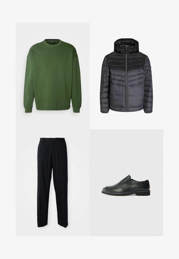 Giacca a vento in nero e grigio scuro, con cappuccio, chiusura a zip e design trapuntato con strisce orizzontali per l'isolamento.; Felpa verde con scollatura tonda, vestibilità ampia e maniche lunghe. Realizzata in un tessuto strutturato con polsini e orlo a coste.; Pantaloni neri a gamba dritta con passanti per cintura, chiusura a bottone e un design elegante e minimale su uno sfondo neutro.; Scarpa nera in pelle con inserto scivolare, superiore liscio, dettagli cuciti, punta arrotondata e tacco in gomma basso. La suola presenta un battistrada minimale.