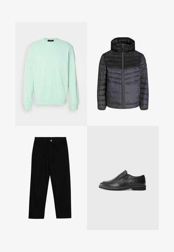 Doudoune noire et gris foncé, avec une capuche, fermeture zippée et design matelassé avec des rayures horizontales pour l'isolation.; Sweatshirt vert menthe en tissu doux, avec un col rond, des manches longues et un petit logo sur la poitrine.; Pantalons en denim noir avec une coupe droite, un design à cinq poches et une fermeture à bouton à l'avant. Texture lisse avec des détails de couture minimaux.; Chaussure slip-on en cuir noir avec une tige lisse, des accents cousus, un bout arrondi et un petit talon en caoutchouc. La semelle présente un profil de traction minimal.