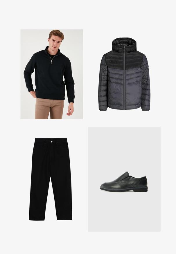 Čierna a tmavošedá zateplená bunda s kapucňou, zipsom a prešívaným dizajnom s horizontálnymi pruhmi pre izoláciu.; Čierna mikina na zips s vysokým golierom, dlhými rukávmi a voľným strihom. Vyrobená z mäkkej tkaniny s rebrovanými manžetami a lemom.; Čierne denimmové nohavice s rovný strihom, dizajnom s piatimi vreckami a upínaním na prednej strane. Hladká textúra s minimálnymi detailmi šitia.; Čierny kožený nazúvací topánka s hladkým zvrškom, prešitými akcentmi, zaoblenou špičkou a nízkym gumovým podpätkom. Podošva má minimálny dezén.