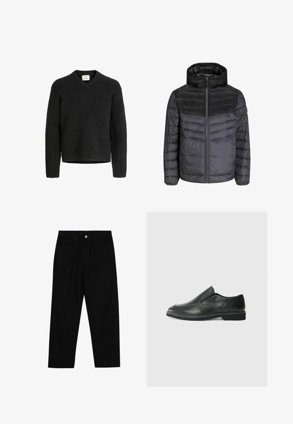 Dolga jakna v črni in temnosivi barvi, z kapuco, zadrgo in prešitim designom s horizontalnimi črtami za izolacijo.; Črna pletena jopica z V-izrezom, rebrasto teksturo, dolgimi rokavi in ravnim robom. Narejena iz mehke, debele tkanine.; Črne denim hlače z ravnim krojem, petimi žepi in sprednjim gumbom. Gladka tekstura z minimalnimi šivi.; Črne usnjene natikače z gladkim zgornjim delom, prišitimi detajli, zaobljenim nosom in nizkim gumijastim petkom. Podplat ima minimalen profil.