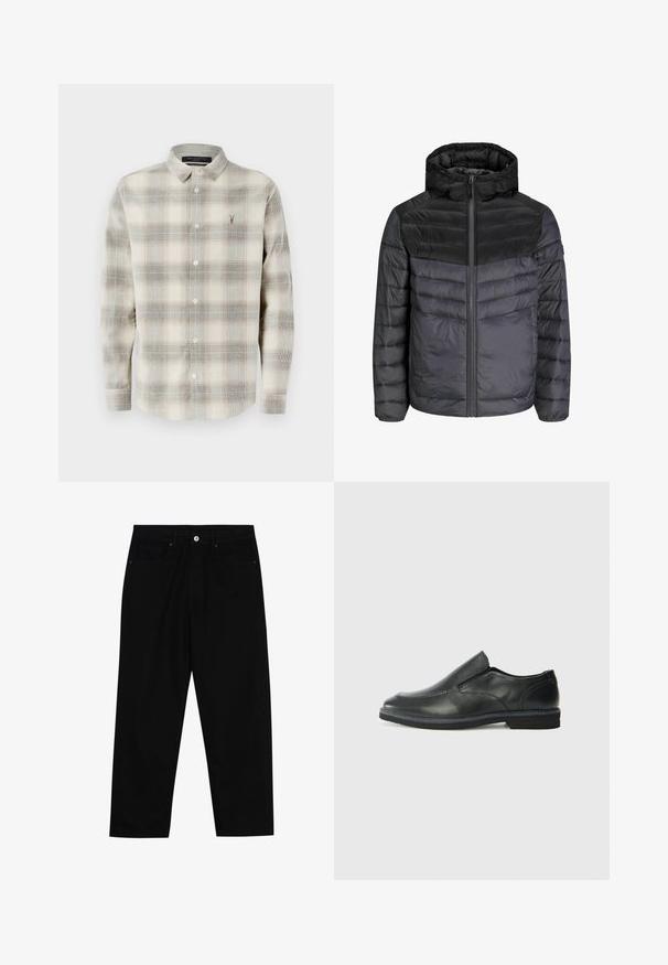 Musta ja tummanharmaa aluskero, jossa on huppu, vetskari ja tikattu muotoilu vaakasuorilla viivoilla eristyksen takaamiseksi.; Pitkähihainen nappikauluspaita, jossa on beige ja harmaa ruudullinen kuvio, terävä kaulus ja pieni kirjailtu logo vasemmalla rintataskulla.; Mustat farkut suoraan lahkeella, viisi taskua ja etunappikiinnitys. Sileä rakenne, jossa on vain vähäisiä ompelualueita.; Musta nahkainen liukujalkine, jossa on sileä pinta, ommeltuja yksityiskohtia, pyöristetty kärki ja matala kumipohja. Pohjassa on minimaalinen pito.