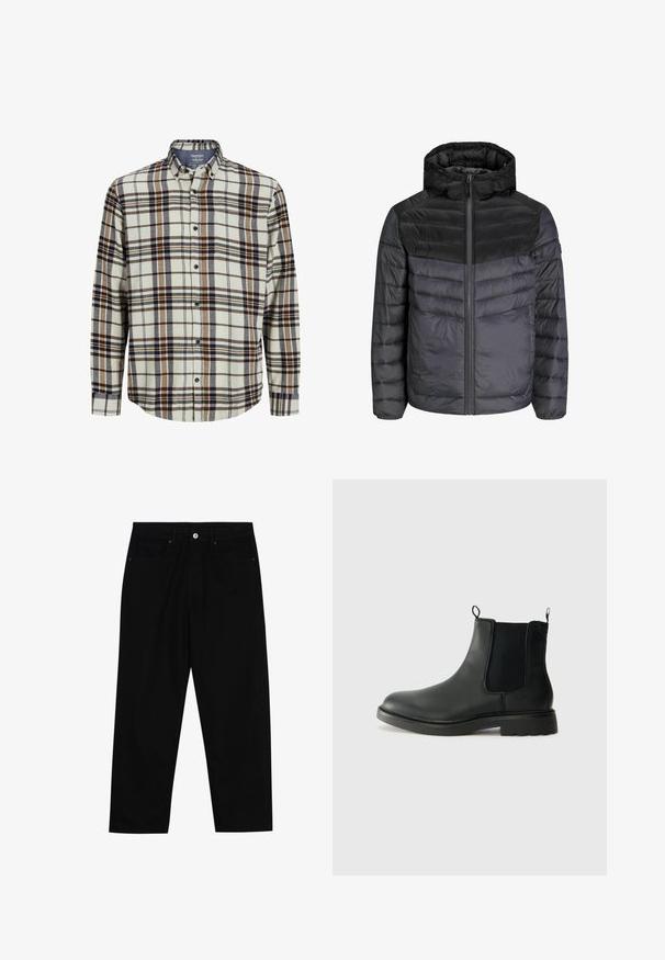 Dolga jakna v črni in temnosivi barvi, z kapuco, zadrgo in prešitim designom s horizontalnimi črtami za izolacijo.; Karo flanelasta srajca v kremni, modri in rjavi barvi. Dolgi rokavi, gumbasta sprednja stran, standardni ovratnik, vsebuje prsni žep in zaobljen rob.; Črne denim hlače z ravnim krojem, petimi žepi in sprednjim gumbom. Gladka tekstura z minimalnimi šivi.; Črne usnjene čelija škornji z elastičnimi stranskimi paneli, zanka za poteg in zaobljenim nosom ter teksturiranim gumijastim podplatom. Gladka površina in trdna zasnova.