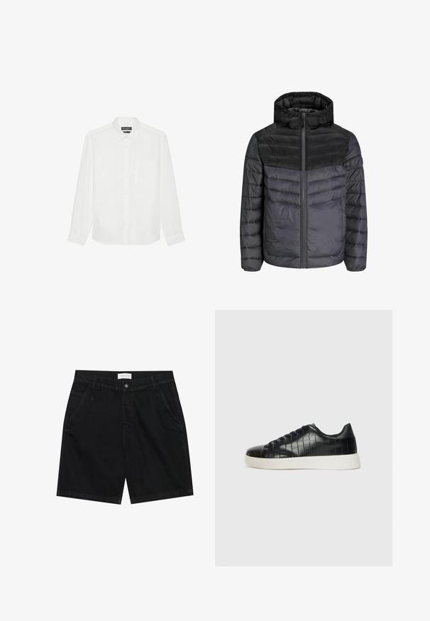 Daunenjacke in Schwarz und Dunkelgrau, mit Kapuze, Reißverschluss und steppendem Design mit horizontalen Streifen zur Isolierung.; Weißes Langarmhemd aus Leinen mit umklappbarem Kragen, einer Brusttasche und Knopfverschluss auf der Vorderseite. Strukturierter Stoff.; Schwarze Jeansshorts mit klassischem Schnitt, ausgestattet mit zwei vorderen Taschen, einem Knopfverschluss und einem Etikett am Bund. Strukturierter Stoff.; Schwarze Sneakers mit einer strukturierten, krokodilPrägung aus Leder, runder Zehenpartie und einer kontrastierenden weißen Gummisohle mit glatter Oberfläche.