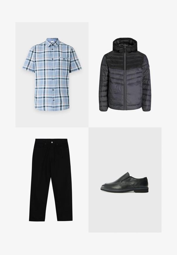 Giacca a vento in nero e grigio scuro, con cappuccio, chiusura a zip e design trapuntato con strisce orizzontali per l'isolamento.; Camicetta a maniche corte con bottoni in un plaid azzurro chiaro, con accenti blu scuro, bianchi e rossi. Presenta una tasca sul petto e una texture liscia.; Pantaloni in denim nero con taglio dritto, design a cinque tasche e chiusura frontale con bottone. Tessuto liscio con dettagli di cucitura minimi.; Scarpa nera in pelle con inserto scivolare, superiore liscio, dettagli cuciti, punta arrotondata e tacco in gomma basso. La suola presenta un battistrada minimale.