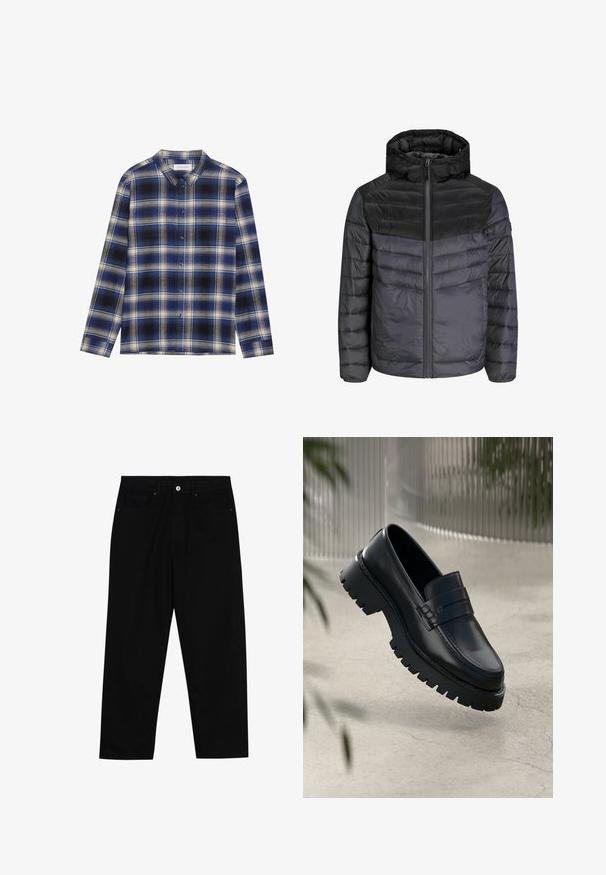 Must-jope mustalas ja tumesinises, millel on kapuuts, tõmblukk ja vatitud disain horisontaalsete triipudega isolatsiooniks.; Sinine ja must ruuduline nööbid-müts särgiga, millel on pikad varrukad, klassikaline krae ja kontrastsed heledamad ruudud. Ees nööbid.; Mustadest denimist püksid, millel on sirge jalg, viie tasku disain ja eesnupuga sulgur. Sile tekstuur koos minimaalsete õmblustega.; Mustad nahkseid loafereid paksu tallaga, kaunistatud rihma ja õmbluse detailidega. Siledat tekstuuri kaunistab läikiv viimistlus.