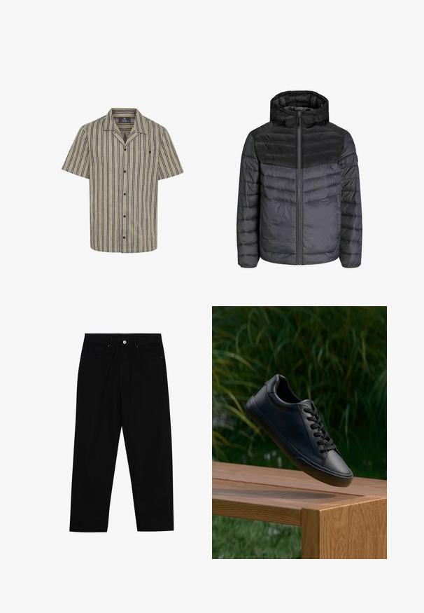 Chaqueta de plumón en negro y gris oscuro, con capucha, cierre de cremallera y diseño acolchado con rayas horizontales para aislamiento.; Camisa de manga corta en beige claro con rayas verticales en azul marino, un bolsillo en el pecho, diseño con cuello y cierre de botones.; Pantalones de mezclilla negra con corte recto, diseño de cinco bolsillos y cierre frontal con botón. Textura suave con detalles de costura mínimos.; Zapatilla de cuero negro con textura suave, punta redonda y cordones planos, posicionada sobre una superficie de madera con hierba verde al fondo.