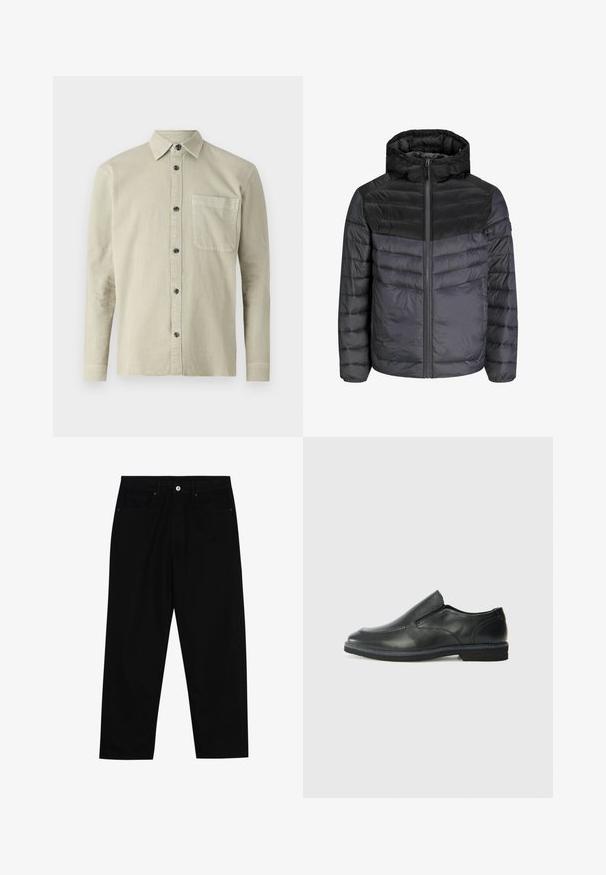 Kurtka puchowa w kolorze czarnym i ciemnoszarym, z kapturem, zapięciem na zamek i pikowanym wzorem z poziomymi paskami dla lepszej izolacji.; Koszula z długim rękawem zapinana na guziki w jasnobeżowym materiale. Posiada odwrócony kołnierzyk, kieszeń na piersi oraz czarne guziki. Prosty, teksturowany wzór.; Czarne spodnie dżinsowe w klasycznym kroju prostym, z pięcioma kieszeniami i zapięciem na guzik z przodu. Gładka tekstura z minimalnymi detalami szwy.; Czarne skórzane buty wsuwane z gładką cholewką, przeszyciami, okrągłym noskiem i niskim gumowym obcasem. Podeszwa ma minimalny bieżnik.