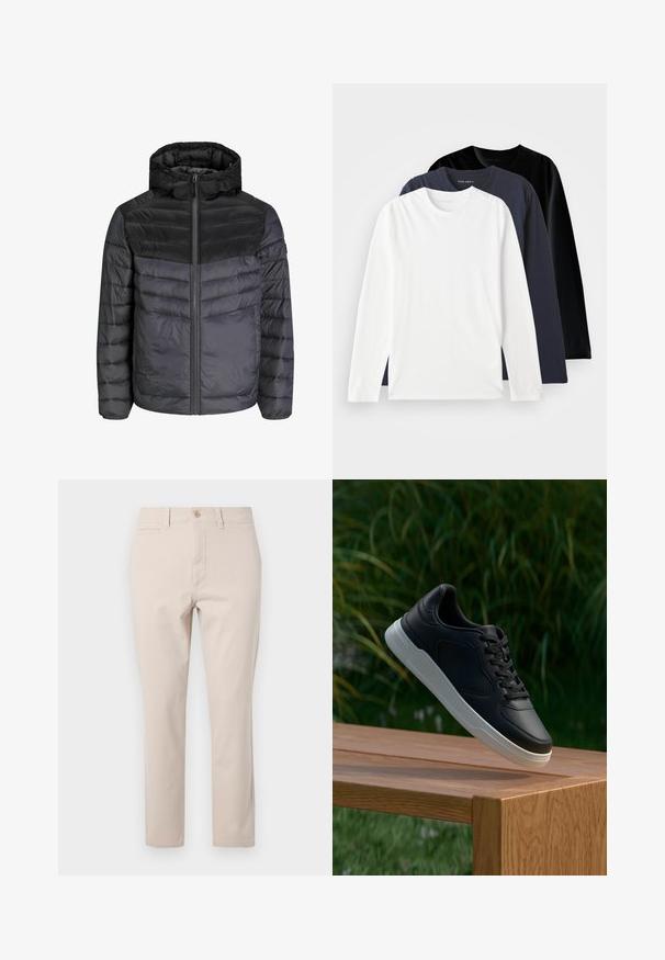 Jachetă din material impermeabil, de culoare neagră și gri închis, cu glugă, închidere cu fermoar și un design matlasat cu dungi orizontale pentru izolație.; Trei tricouri cu mânecă lungă așezate unul peste altul: unul alb, unul bleumarin închis și unul negru. Fabricate din bumbac neted, cu gât rotund și slituri laterale.; Pantaloni din bumbac bej cu croială dreaptă, cu închidere frontală cu buton, giantă pentru curea și un singur buzunar la spate. Textură netedă.; Adidași negri cu talpă albă suspendați deasupra unei bănci din lemn, cu frunze verzi în fundal, neclar.