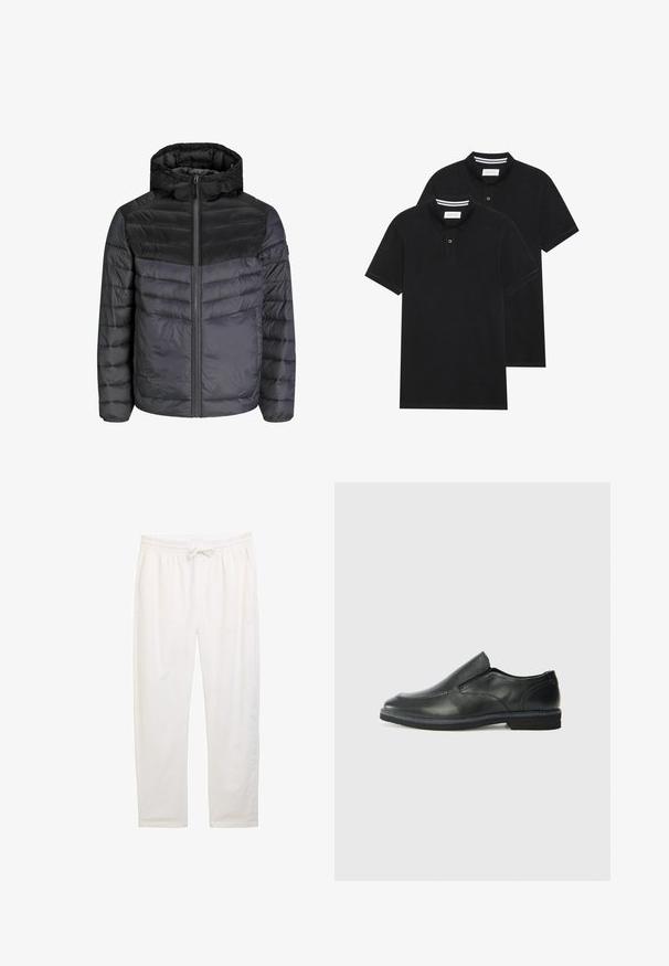 Kurtka puchowa w kolorze czarnym i ciemnoszarym, z kapturem, zapięciem na zamek i pikowanym wzorem z poziomymi paskami dla lepszej izolacji.; Dwie czarne koszulki polo z krótkim rękawem, wykonane z materiału bawełnianego, z klasycznym kołnierzykiem, z zapięciem na dwa guziki oraz białymi paskami wewnątrz kołnierza.; Białe, luźne spodnie dresowe z elastycznym paskiem w talii i sznurkiem, z bocznymi kieszeniami oraz gładką, miękką fakturą.; Czarne skórzane buty wsuwane z gładką cholewką, przeszyciami, okrągłym noskiem i niskim gumowym obcasem. Podeszwa ma minimalny bieżnik.