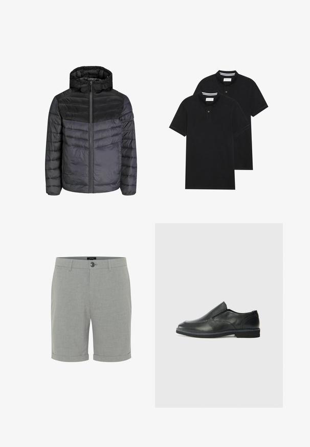 Dámská péřová bunda v černé a tmavě šedé barvě, s kapucí, zipovým zapínáním a prošívaným designem s horizontálními pruhy pro izolaci.; Dvě černé polokošile s krátkým rukávem z bavlny, s klasickým límcem, dvouknoflíkovou légou a bílými pruhovanými akcenty uvnitř límce.; Šedé šortky ze směsi bavlny se rovný střih, s jedním knoflíkem na zapínání, ohrnutými nohavicemi a minimální texturou. Bez vzorů nebo akcentů.; Černá kožená nazouvací bota s hladkým svrškem, prošívanými detaily, zaoblenou špičkou a nízkým gumovým podpatkem. Podešev má minimální vzorek.
