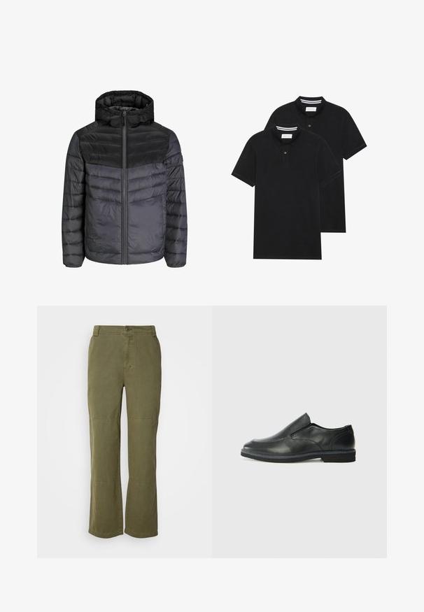 Donsjack in zwart en donkergrijs, met een capuchon, ritssluiting en een gequilt ontwerp met horizontale strepen voor isolatie.; Twee zwarte polo shirts, met korte mouwen, van katoen, met een klassieke kraag, een knoopsluiting met twee knopen en witte gestreepte accenten aan de binnenkant van de kraag.; Olijfgroene katoenen broek met een rechte pijpdesign, zichtbare knoopsluiting en accenten op de knienaad voor extra detail en structuur.; Zwarte leren instapper met een soepele bovenkant, gestikte accenten, ronde neus en een lage rubberen hak. De zool heeft minimale profiel.
