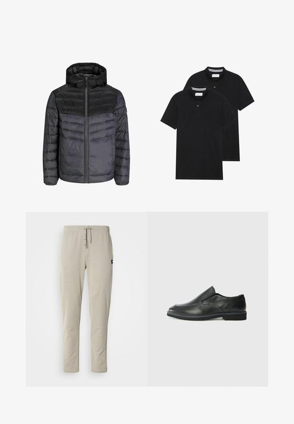 Doudoune noire et gris foncé, avec une capuche, fermeture zippée et design matelassé avec des rayures horizontales pour l'isolation.; Deux polos noirs, à manches courtes, en coton, avec un col classique, une patte de boutonnage à deux boutons, et des accents rayés blancs à l'intérieur du col.; Pantalons jogger beiges en tissu doux, avec une taille élastique, un cordon de serrage et deux poches avant. Design minimaliste avec des coutures latérales.; Chaussure slip-on en cuir noir avec une tige lisse, des accents cousus, un bout arrondi et un petit talon en caoutchouc. La semelle présente un profil de traction minimal.