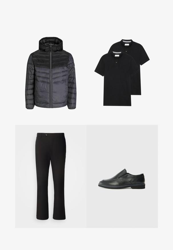 Donsjack in zwart en donkergrijs, met een capuchon, ritssluiting en een gequilt ontwerp met horizontale strepen voor isolatie.; Twee zwarte polo shirts, met korte mouwen, van katoen, met een klassieke kraag, een knoopsluiting met twee knopen en witte gestreepte accenten aan de binnenkant van de kraag.; Zwarte op maat gemaakte broek met een rechte snit, voorzien van een sluiting met een knoop aan de voorkant en riemlussen, gemaakt van een zachte, lichte stof.; Zwarte leren instapper met een soepele bovenkant, gestikte accenten, ronde neus en een lage rubberen hak. De zool heeft minimale profiel.