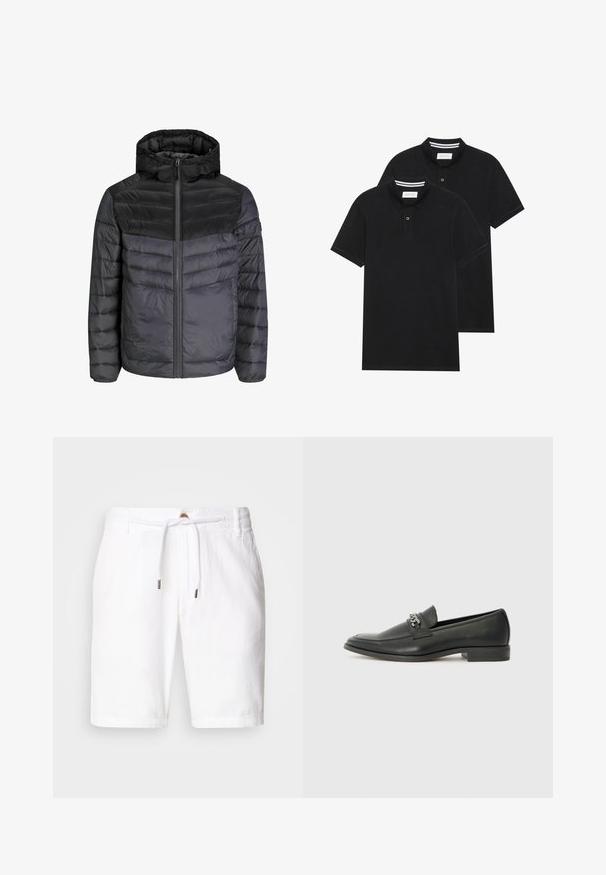Melna un tumši pelēka pufīgā jaka ar kapuci, rāvējslēdzēja aizdari un quiltētas konstrukcijas dizainu ar horizontālām svītrām siltumizolācijai.; Divas melnas polo krekli, īsām piedurknēm, no kokvilnas materiāla, ar klasisku apkakli, divu pogu aizdari un balti svītroti akcenti apkakles iekšpusē.; Baltā lina šorti ar elastīgu jostasvietu un auklas aizdari, kā arī brīvu piegriezumu. Gluda tekstūra, nav redzamu rakstu.; Melna ādas loafer izmēra apavi ar gludu virsmu, piedāvā ar šūtu dizainu un dekoratīvu metāla ķēdes akcentu pār vampu. Plakana papēža daļa.