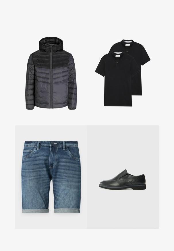 Donsjack in zwart en donkergrijs, met een capuchon, ritssluiting en een gequilt ontwerp met horizontale strepen voor isolatie.; Twee zwarte polo shirts, met korte mouwen, van katoen, met een klassieke kraag, een knoopsluiting met twee knopen en witte gestreepte accenten aan de binnenkant van de kraag.; Denim shorts in donkerblauw met een subtiele vervaagde was. Kenmerkt zich door omgeslagen zoom, vijf zakken en een knoopsluiting aan de voorkant.; Zwarte leren instapper met een soepele bovenkant, gestikte accenten, ronde neus en een lage rubberen hak. De zool heeft minimale profiel.